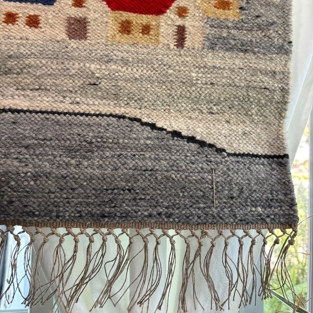 Vintage 1970s Polish Kilim Wool Scandinavian Village Cepelia Tapestry